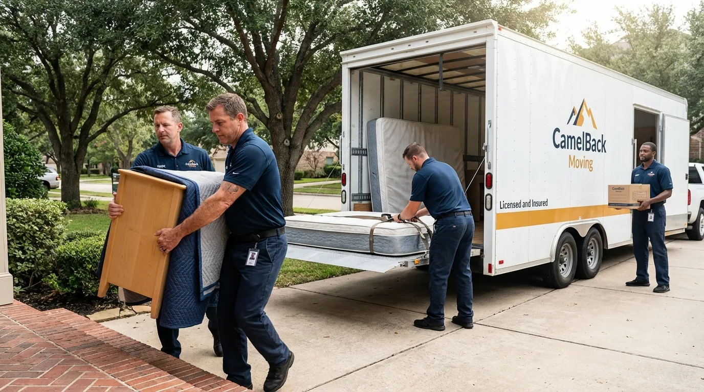 Crew loading residential truck for cross-state move from Saco, ME