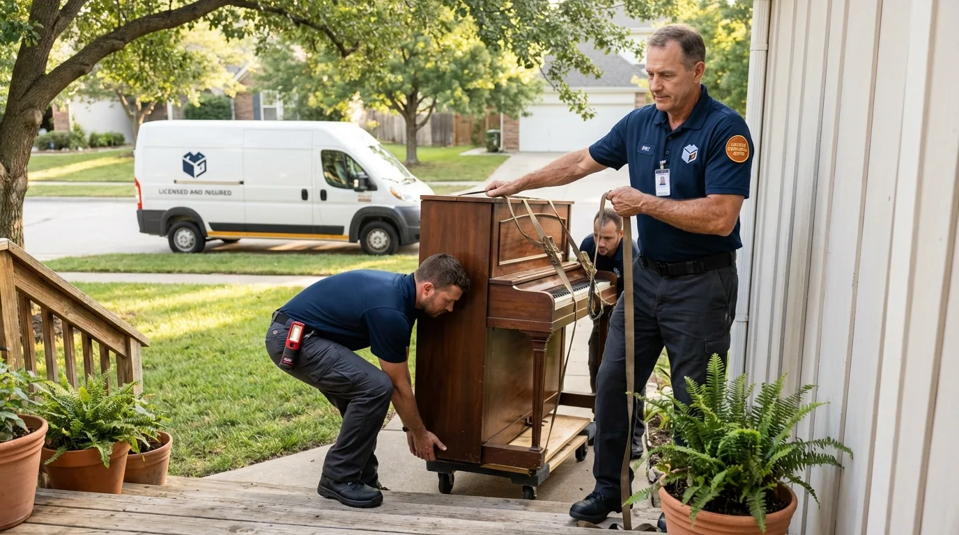Licensed piano movers securing grand piano in Saco, ME