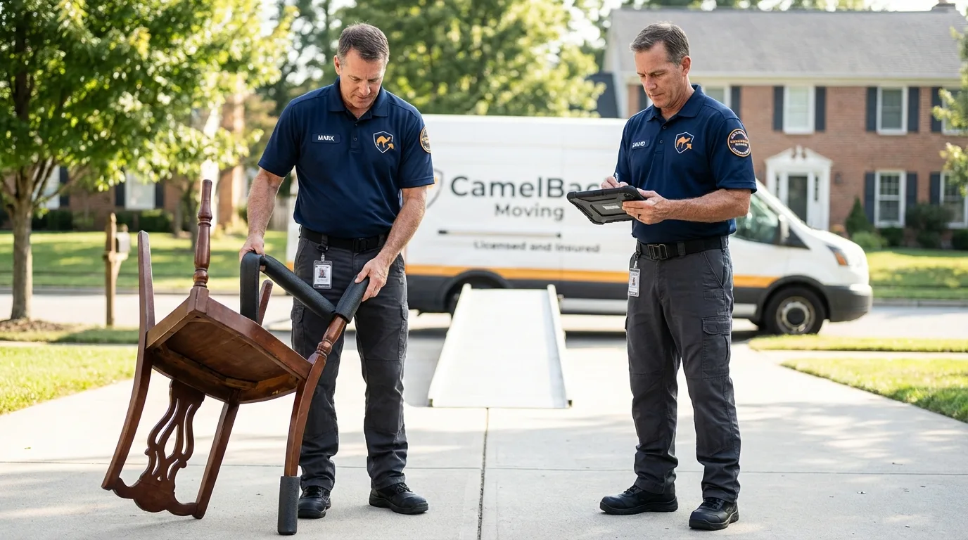 Movers inspecting furniture for damage prevention before loading in Saco, ME
